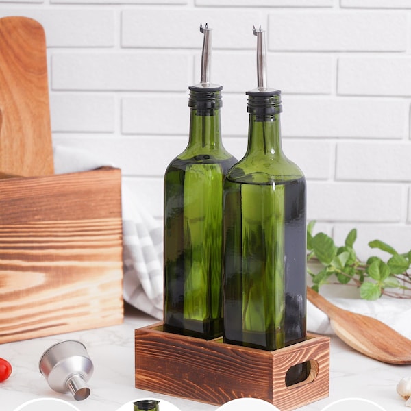 Oil and Vinegar Bottles | 17oz Green Glass Olive Oil Dispenser with Wood Tray for Farmhouse Kitchen Table & Countertop | Easy Pour Refill