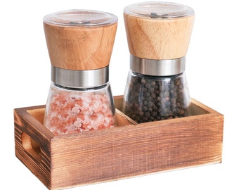 Wood Salt and Pepper Grinder Set with Holder, Peppercorn & Spice Mill, Adjustable Coarseness, Manual Sea Salt for Farmhouse Kitchen, Gift