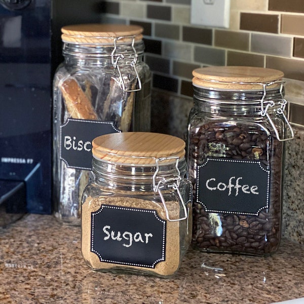 Glass Canister Jars with Airtight Wood Lid and Chalkboard Labels, Set of 3 for Kitchen Countertop and Food Storage (58 oz, 42 oz, 26 oz)