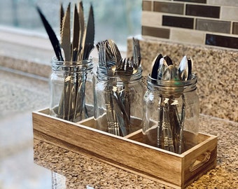 Glass Utensil Holder Mason Jar with Rustic Wood Caddy Silverware Organizer for Spoons Knives & Forks for Kitchen Countertop, Farmhouse Decor