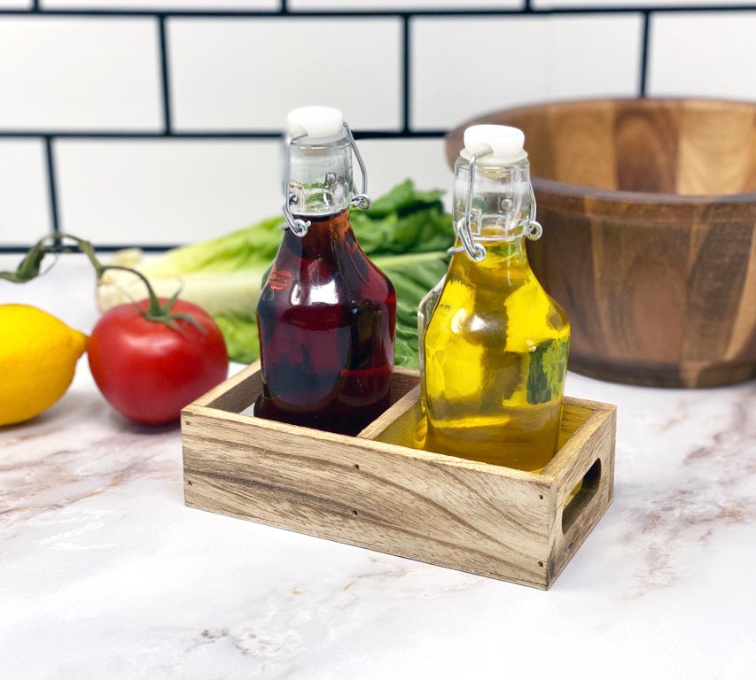 Oil and Vinegar Dispenser with Wood Caddy Glass Cruet Set Etsy