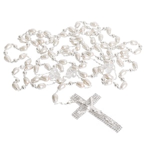 Wedding Lasso with Crystals and Oval Pearls, Lazo de Boda Oversized Rosary with Crucifix for Traditional Wedding Unity Cord, Gift, Silver