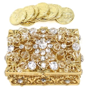 Juego de Arras de Boda, Monedas de Unidad para Bodas, Caja Decorativa Rectangular con Recuerdo de Cristales de Diamantes de Imitación, Dorado