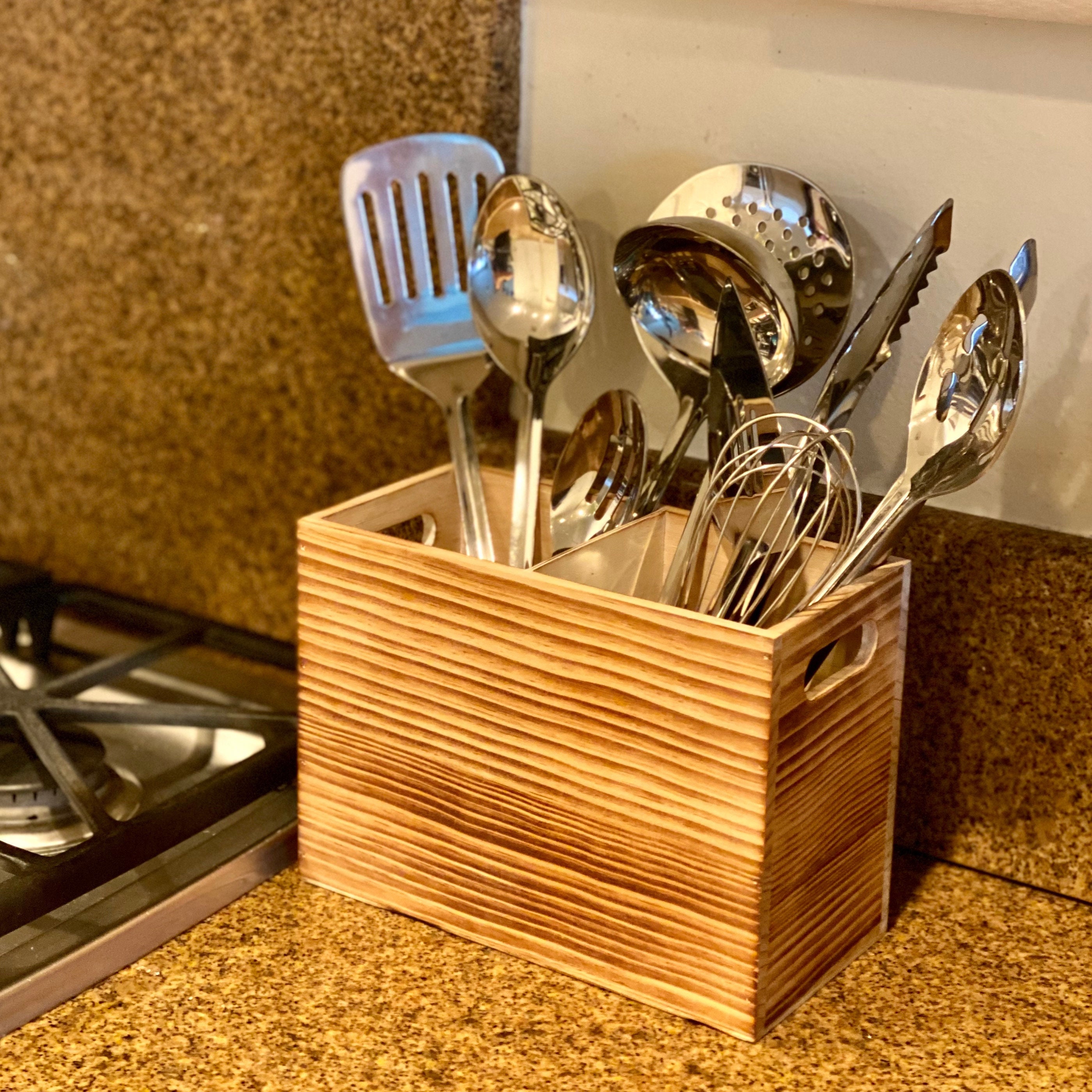 Kitchen Utensil Holder for Countertop, Large Rustic White Solid Wood  Farmhouse Cooking Utensils Organizer for Kitchen Counter, 3 Compartments  Utensil