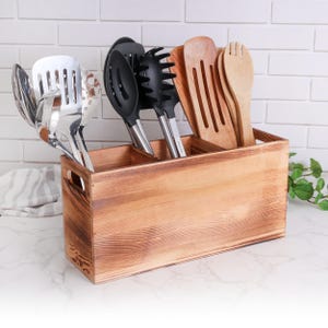 Utensil Holder in Rustic Wood for Farmhouse Kitchen Decor, Cooking Tools Storage and Countertop Organizer, Triple Compartment