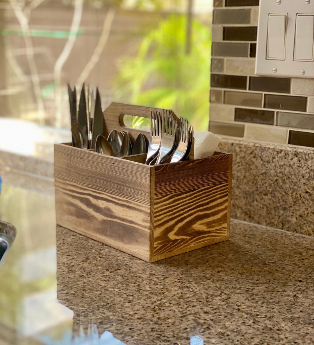 Utensil and Napkin Holder Flatware Wooden Caddy With Handle in Etsy