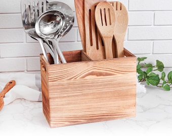 Rustic Wood Utensil Holder: Farmhouse Kitchen Counter Organizer