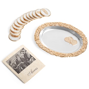 Arras de Boda Virgen de Guadalupe Wedding Unity Coins with Decorative Tray for Catholic Wedding Ceremony, Complete Arras Set (Gold-Silver)