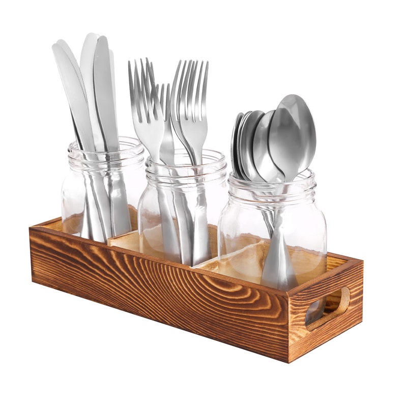 Glass Utensil Holder Mason Jar With Rustic Wood Caddy Etsy