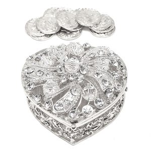 Arras de Boda Set, Wedding Unity Coins, Heart Shaped Wedding Arras Box with Decorative Rhinestone Crystals and Coin Set, Silver
