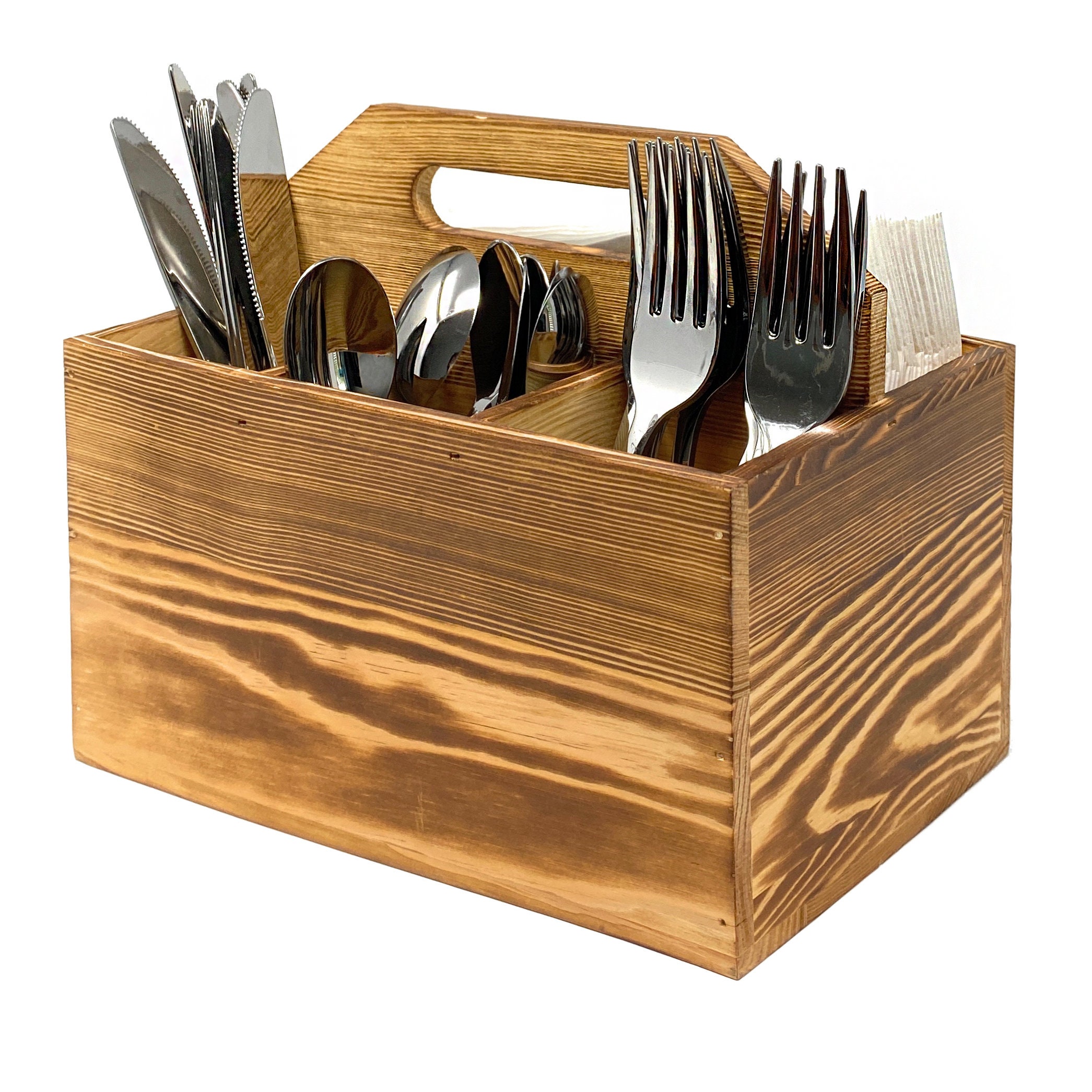 BBTO 4 Pcs Silverware Caddy with Wood Tray Wooden Organizer