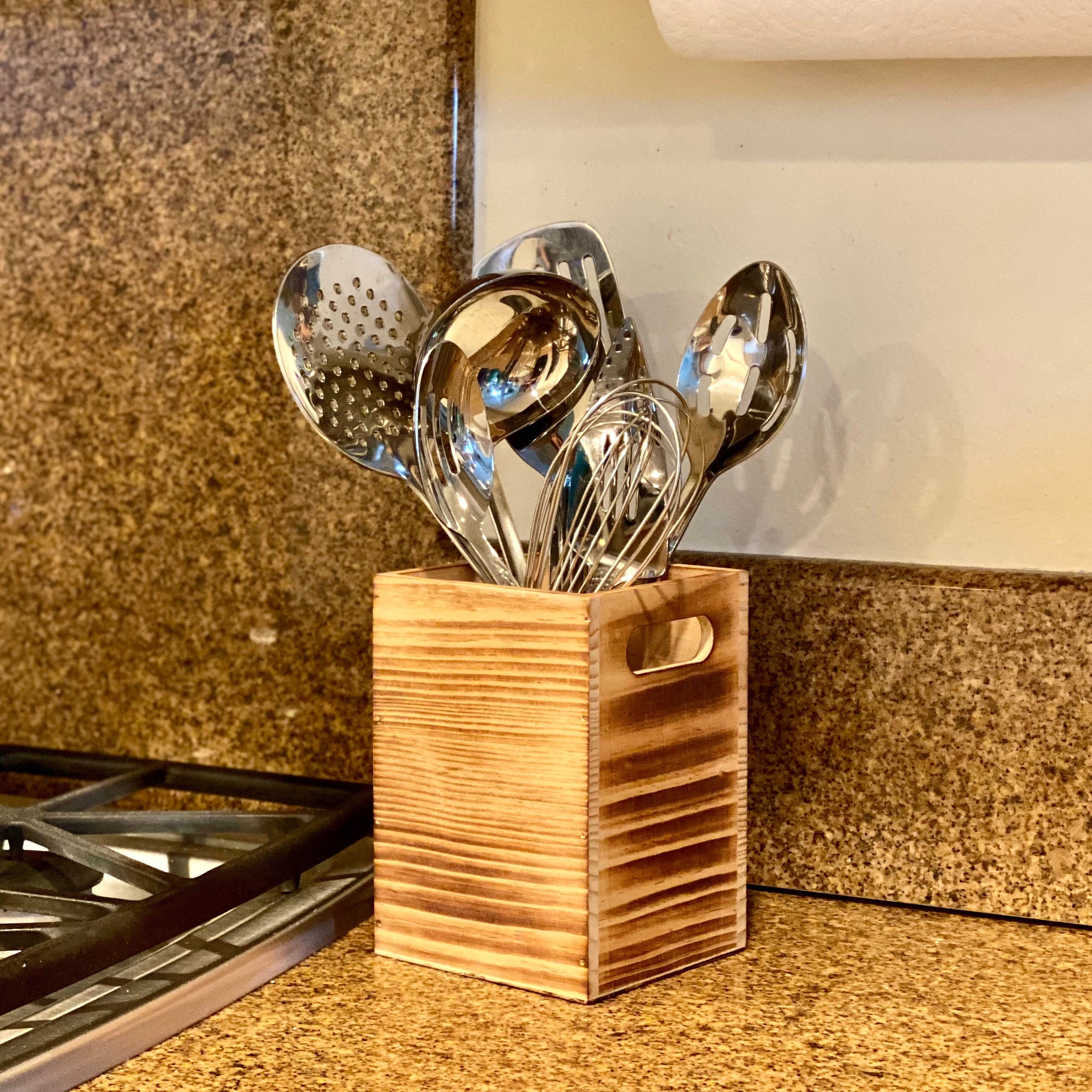 Wooden Utensil Holder in Rustic Wood for Countertop Organizer Etsy