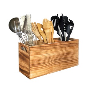 Utensil Holder in Rustic Wood for Farmhouse Kitchen Decor, Cooking Tools Storage and Countertop Organizer, Triple Compartment