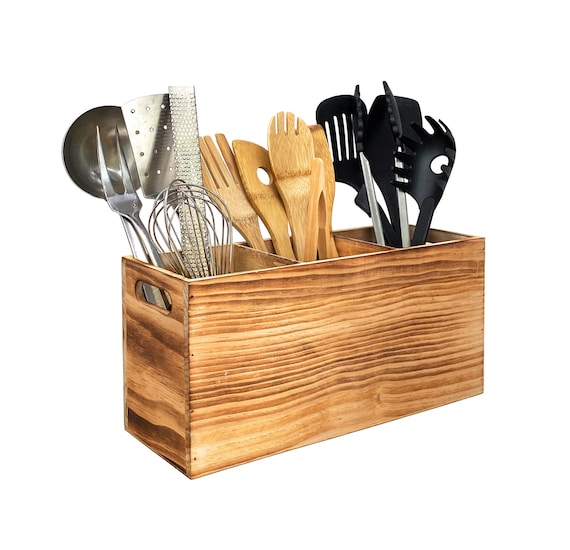 Utensil Holder in Rustic Wood for Farmhouse Kitchen Decor, Cooking Tools  Storage and Countertop Organizer, Triple Compartment 