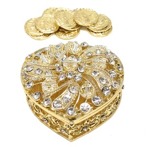 Arras de Boda Set, Wedding Unity Coins, Heart Shaped Wedding Arras Box with Decorative Rhinestone Crystals and Coin Set, Gold