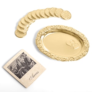 Arras de Boda Virgen de Guadalupe Wedding Unity Coins with Decorative Tray for Catholic Wedding Ceremony, Complete Arras Set (Gold)
