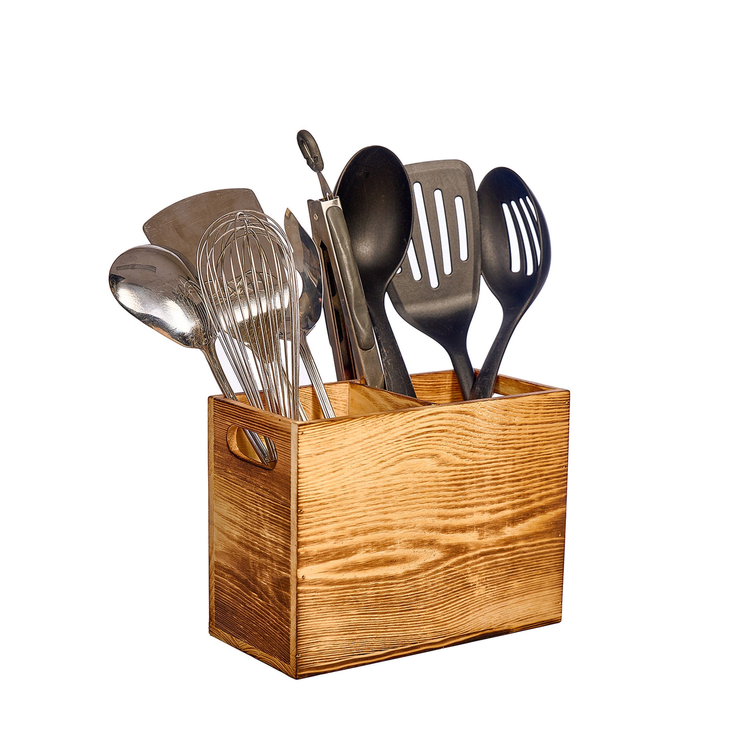 Wooden Utensil Holder For Kitchen Counter - 360° Rotating Acacia Wood Organizer With Spoon Rest, Holds 15+ Cooking Tools