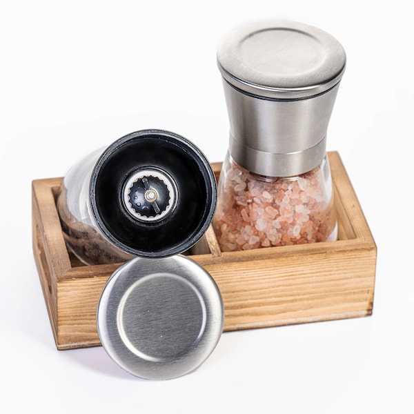 Salt and Pepper Grinder Set with Wood Tray, Manual Peppercorn Mill, Stainless Steel Cap, Adjustable Coarseness for Farmhouse Kitchen, Gift