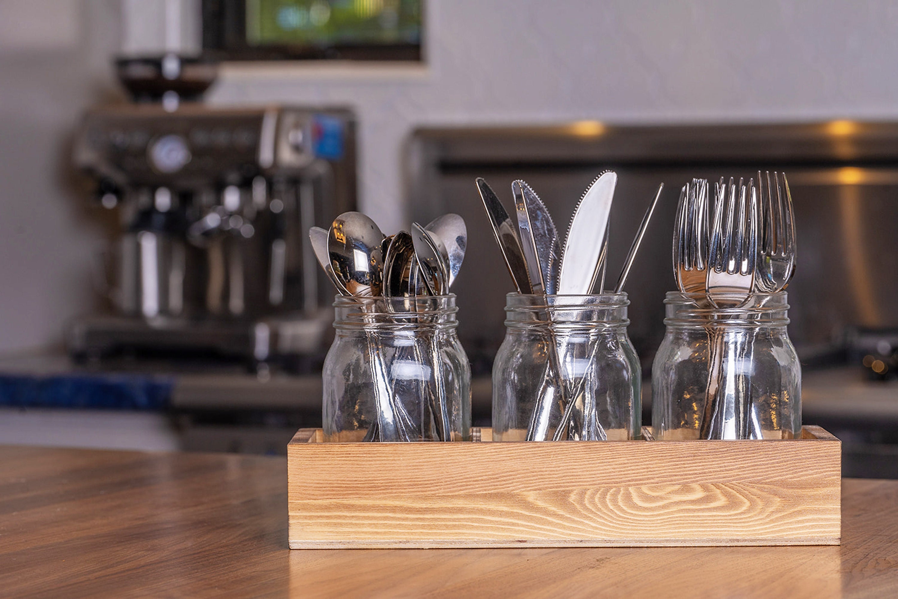 Glass Utensil Holder Mason Jar With Rustic Wood Caddy Etsy