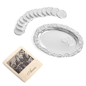 Arras de Boda Virgen de Guadalupe Wedding Unity Coins with Decorative Tray for Catholic Wedding Ceremony, Complete Arras Set (Silver)