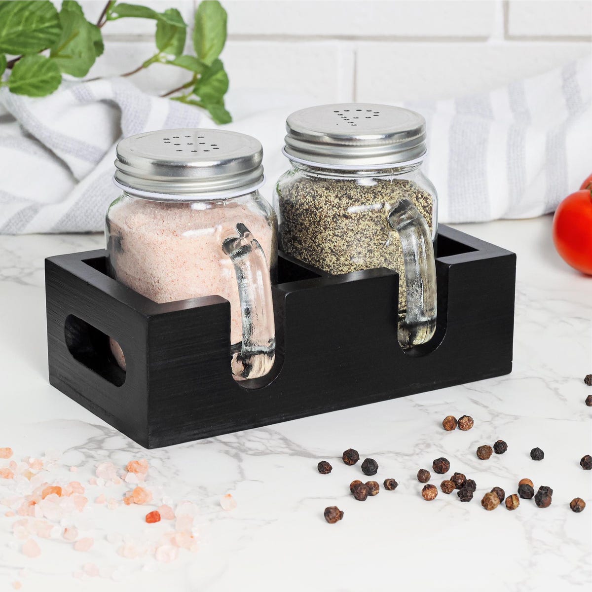 Mason Jar Salt and Pepper Shakers With Black Wood Caddy: Farmhouse Kitchen Decor - Etsy
