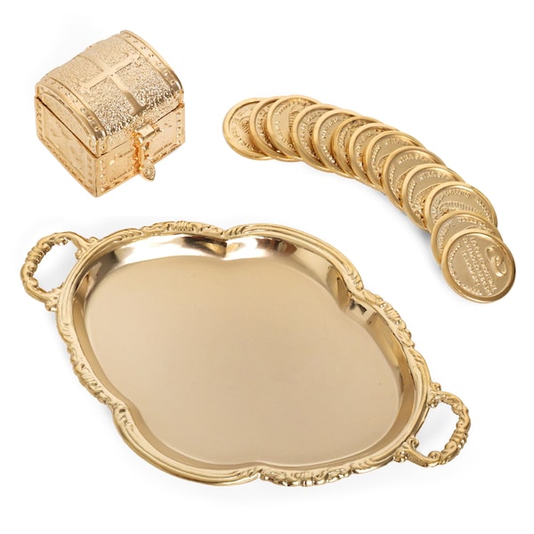 Arras de Boda Virgen de Guadalupe Wedding Unity Coins with Tray and Box for Catholic Wedding Ceremony, Complete Arras Set (Gold)