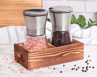 Salt and Pepper Grinder Set with Wood Tray: Adjustable Ceramic Mill