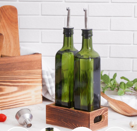 Oil and Vinegar Bottles 17oz Green Glass Olive Oil Dispenser With Wood Tray  for Farmhouse Kitchen Table & Countertop Easy Pour Refill 