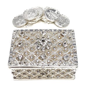 Arras de Boda Set, Wedding Unity Coins, Rectangular Decorative Box with Rhinestone Crystals Keepsake, Silver