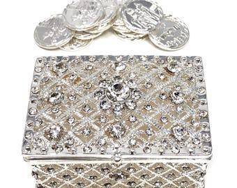 Arras de Boda Set: Wedding Unity Coins, Rhinestone Keepsake Box