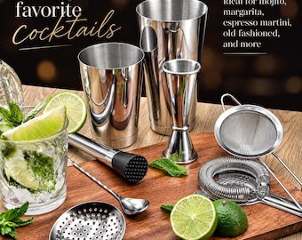 May include: A stainless steel cocktail shaker set including two shakers, a jigger, a muddler with a black tip, a Hawthorne strainer, a fine mesh strainer, and a mixing spoon. Text reads: Craft your favorite cocktails. Ideal for mojito, margarita, espresso martini, old fashioned, and more.