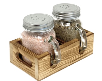 Mason Jar Salt and Pepper Shaker Set with Wood Caddy for Farmhouse Table, Cute S & P Holes, Rustic Kitchen Decor, Housewarming Gift