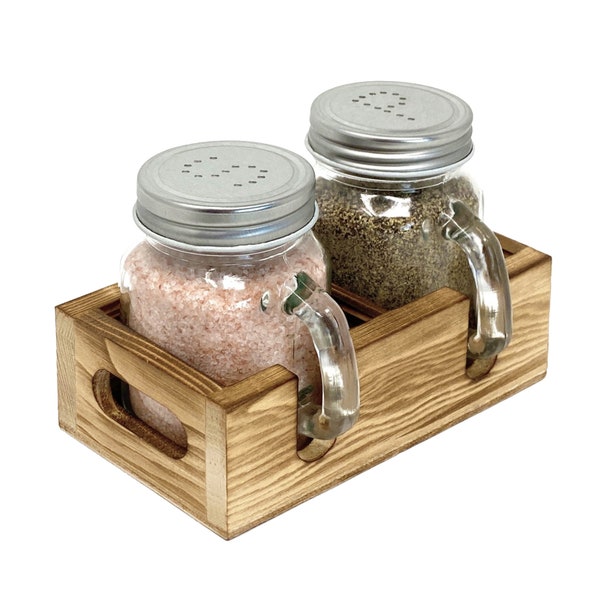 Mason Jar Salt and Pepper Shaker Set with Wood Caddy for Farmhouse Table, Cute S & P Holes, Rustic Kitchen Decor, Housewarming Gift