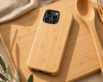 Natural Wood Design Eco Bamboo iPhone Case, Shockproof Biodegradable Wood Phone Cover, Sustainable iPhone 16, 15, 14, 13, 12, 11, X, XS Case