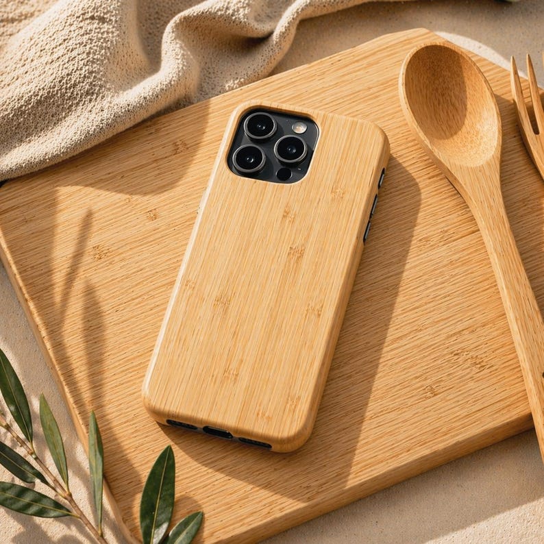 Może przedstawiać: Jasnobrązowe etui na telefon z bambusa o naturalnej fakturze drewna. Etui leży na drewnianej desce do krojenia z drewnianą łyżką i widelcem. Etui na telefon ma czarny moduł aparatu.