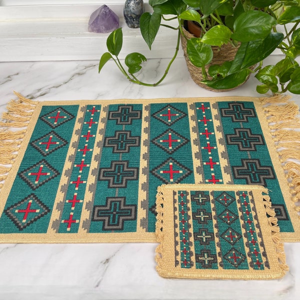 Woven Table Mats and Coasters, Boho Aztec House Warming Gift, Coffee Table Blanket Rug, Plant mat