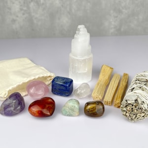 Crystal Bundle with Selenite, Sage, and Palo Santo - 7pcs Tumbled Chakra Crystal Bundle in Organic Cotton Pouch