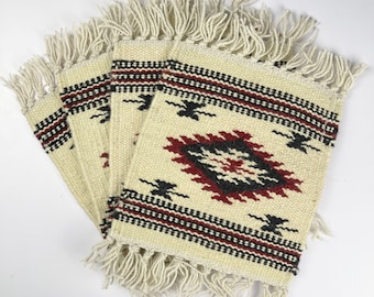 Set of 4 Woven Aztec Wool Placemats 10" x 10” Boho Southwest Table Rug House Warming Gift, Coffee Table Blanket, Plant mat