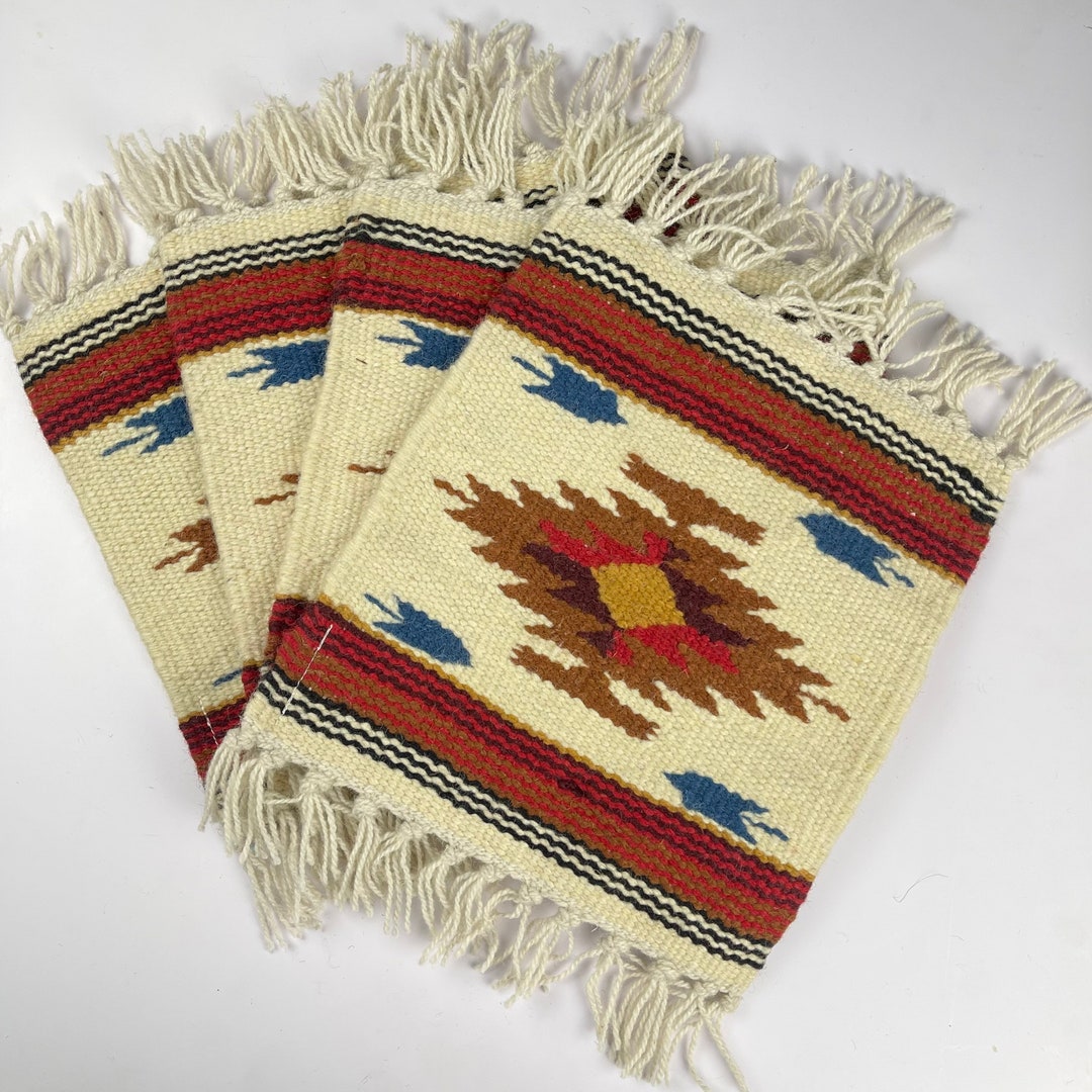 Set of 4 Woven Aztec Wool Placemats 10 X 10 Boho Southwest Table Rug