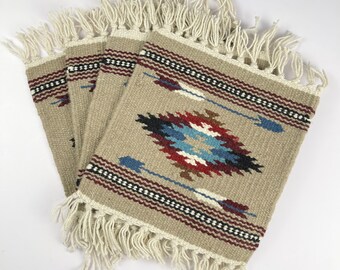 Set of 4 Woven Aztec Wool Placemats 10" x 10” Boho Southwest Table Rug House Warming Gift, Coffee Table Blanket, Plant mat