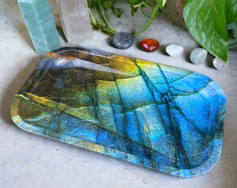 Labradorite Serving Tray | Decorative Metal Tray - Housewarming gift, Jewelry Tray, Use on the Couch, Kitchen, Coffee Table or Travel