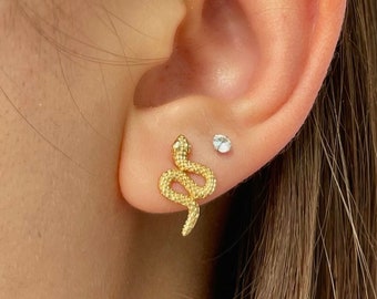 925 Sterling Silver Snake Stud Earrings | 18k Gold Plated | Serpent | Handmade