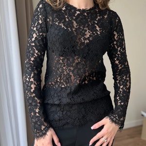 Vintage Sandro Paris black lace blouse top S size for Women, Designer see-through black top, Vintage 90s black lace top