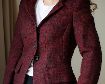 Vinage L.K Bennett blazer in burgundy color, 90s wool dark red suit blazer, Spring office core outfit clothing, Womans L size retro blazer
