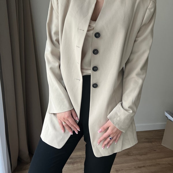 Vintage Rene Lezard Blazer light beige, Designer Women's Suit Jacket Beige, Long Vintage blazer L size, Office core Vintage Clothing