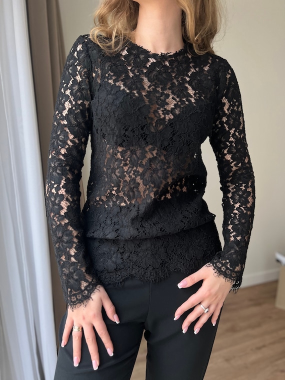 Vintage Sandro Paris Black Lace Blouse Top S Size for Women
