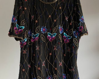 Vintage Papell Boutique kvällsblus från 1990-talet L, Pärlprydd vintageblus för kvinnor, Svart vintage kvällskläder för kvinnor, 100 % siden glamourblus