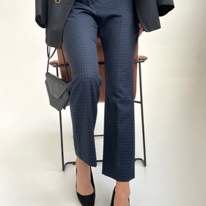 Women&#39;s Blue Longévité Cropped Plaid Pants, Formal blue check vintage trousers, Classy elegant vintage pants for office casual women 00s