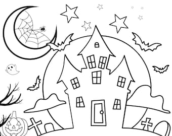 Puede incluir: Ilustración en blanco y negro con temática de Halloween que presenta una casa embrujada, murciélagos, estrellas, una luna con una telaraña, un fantasma, una calabaza y lápidas. Es un dibujo lineal.