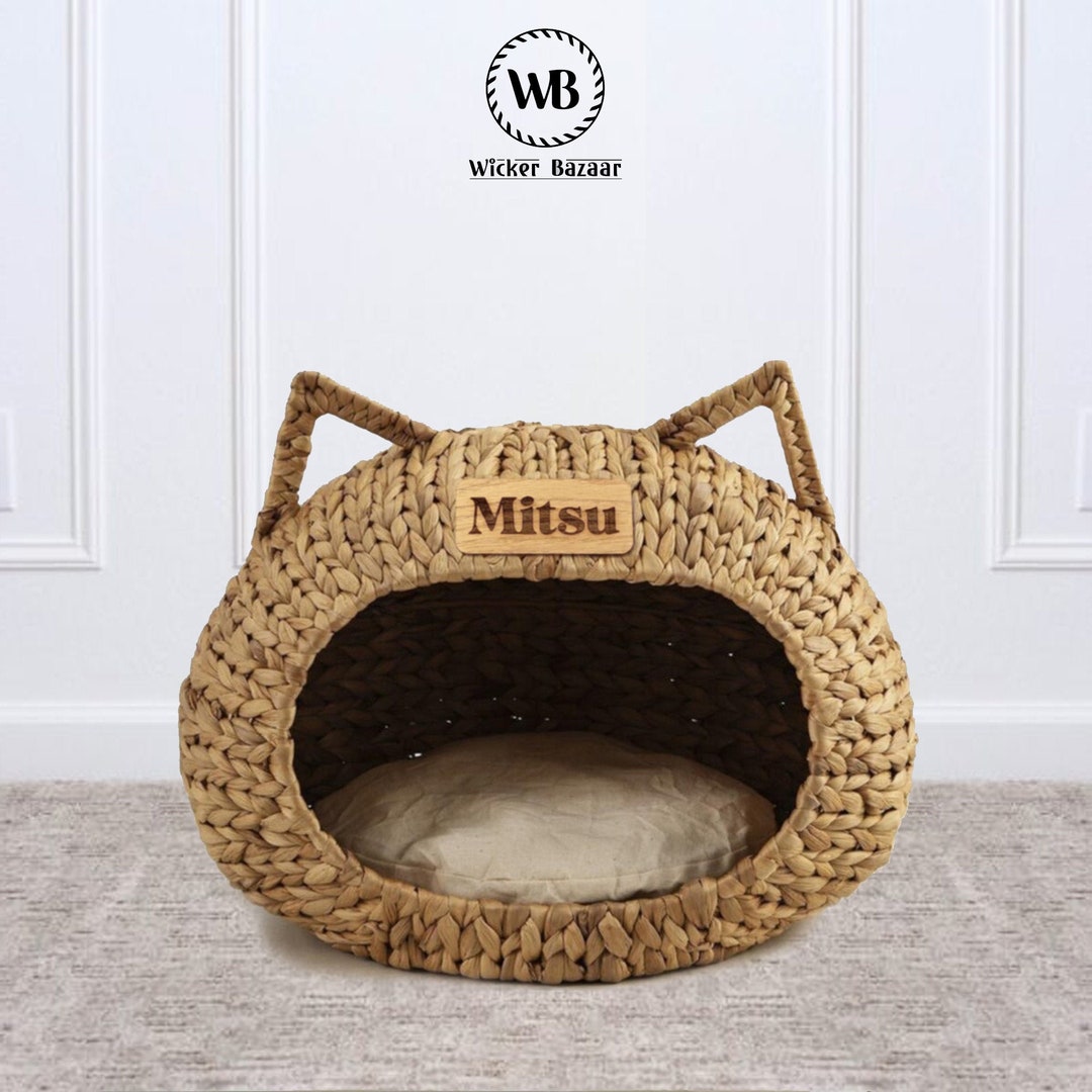 Personalized Wicker Cat Bed Cushion Natural Wicker Cat Etsy